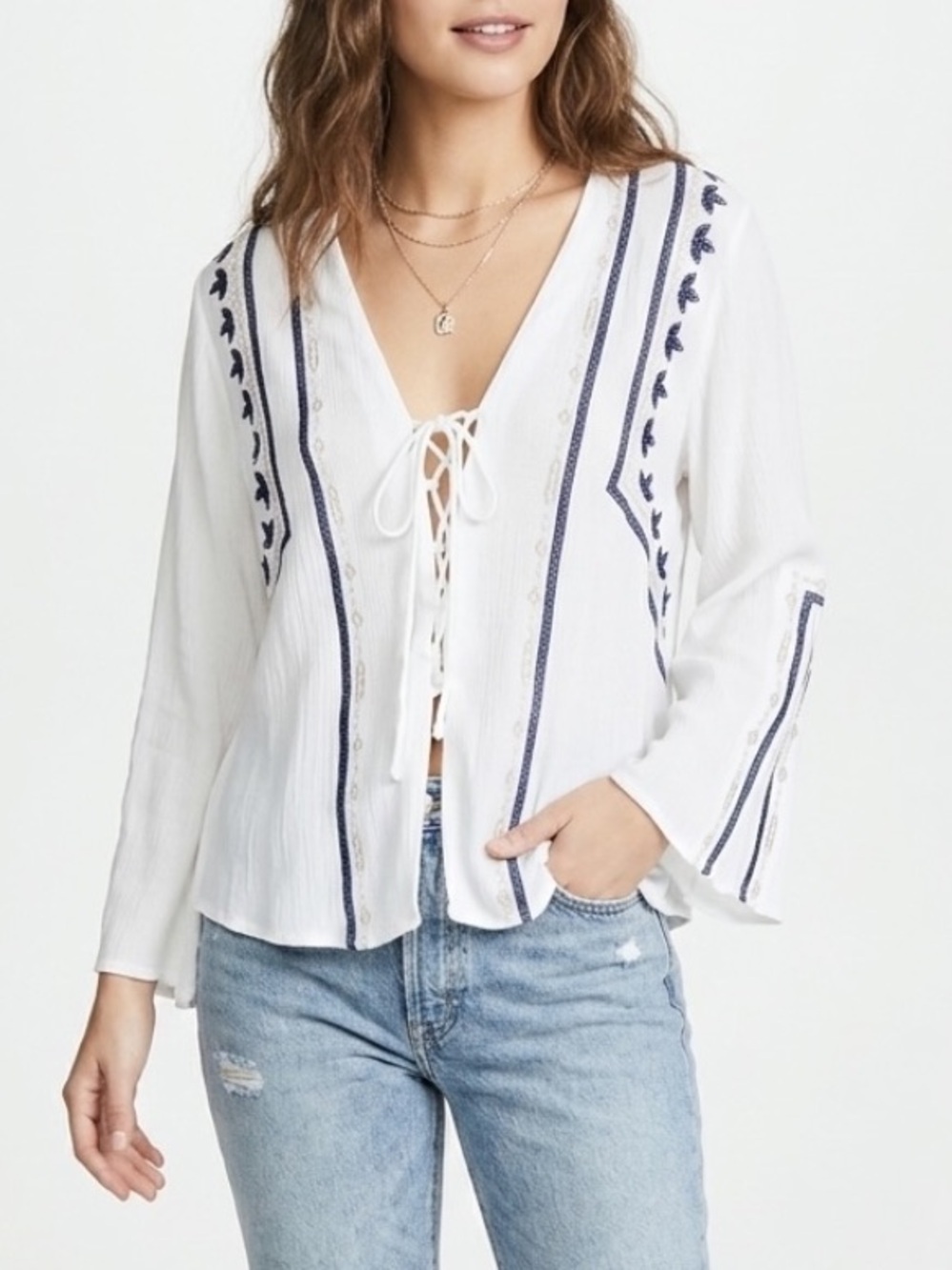 Lush Boho Peasant Blouse White Blue Embroidered Lace Up Bell Sleeve Top Womens L